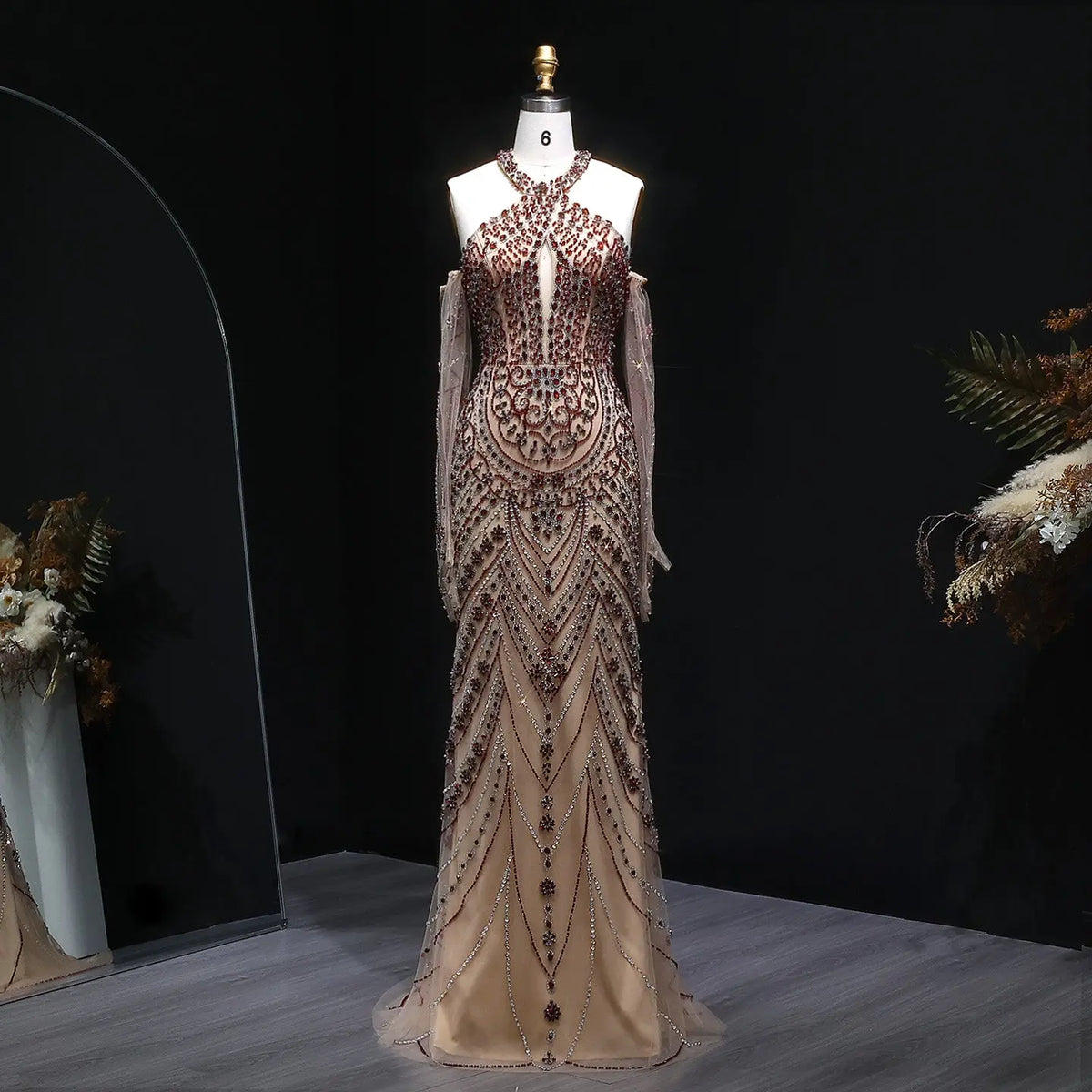 Luxury Beaded Halter Evening Dress with Gloves SS118 - SHARONSAID Luxury Beaded Halter Evening Dress with Gloves SS118 - SHARONSAID
