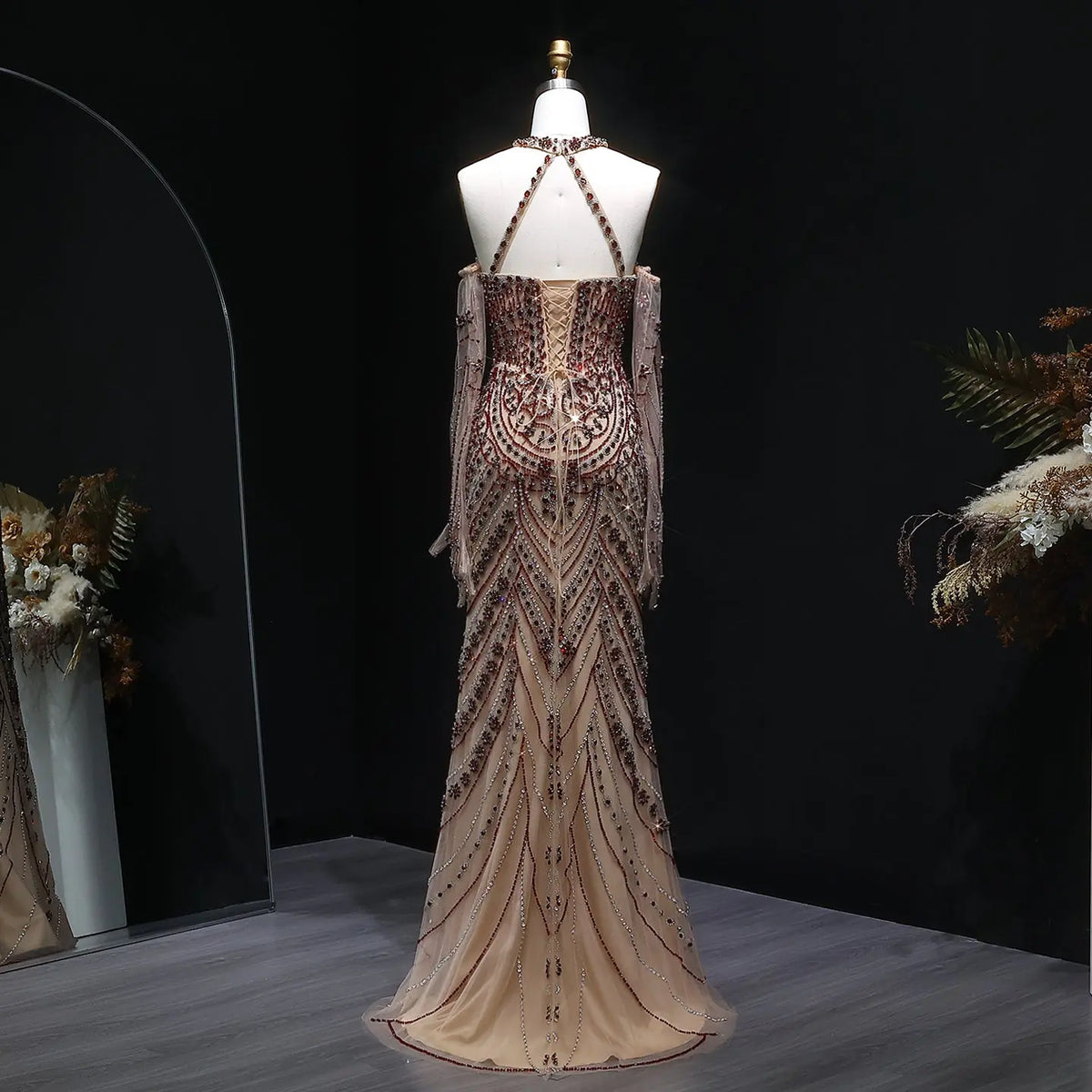 Luxury Beaded Halter Evening Dress with Gloves SS118 - SHARONSAID Luxury Beaded Halter Evening Dress with Gloves SS118 - SHARONSAID