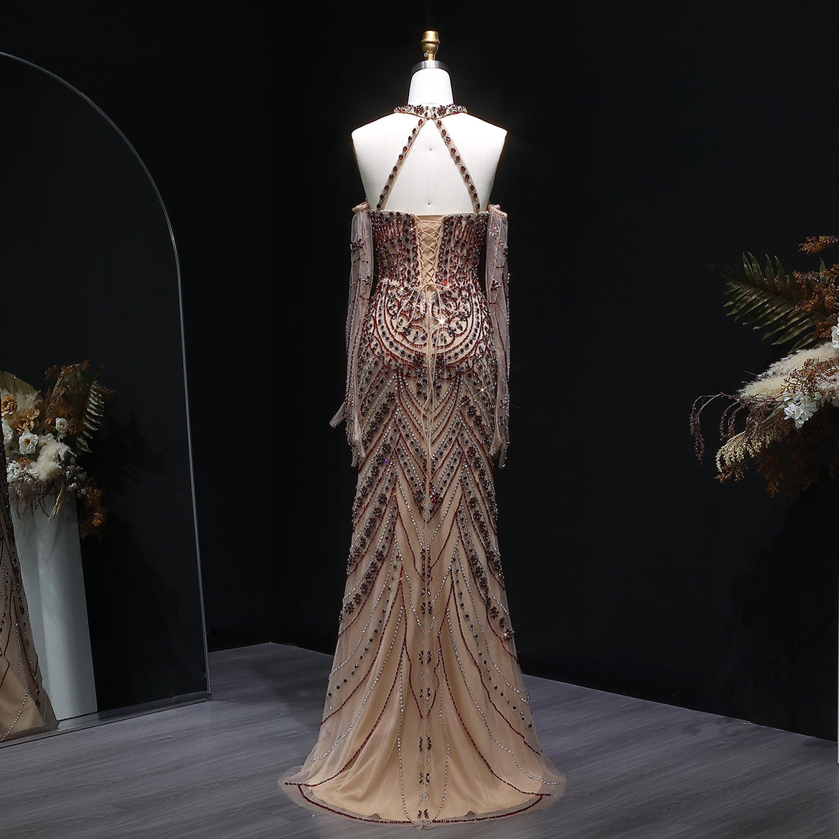 Luxury Beaded Halter Evening Dress with Gloves SS118 