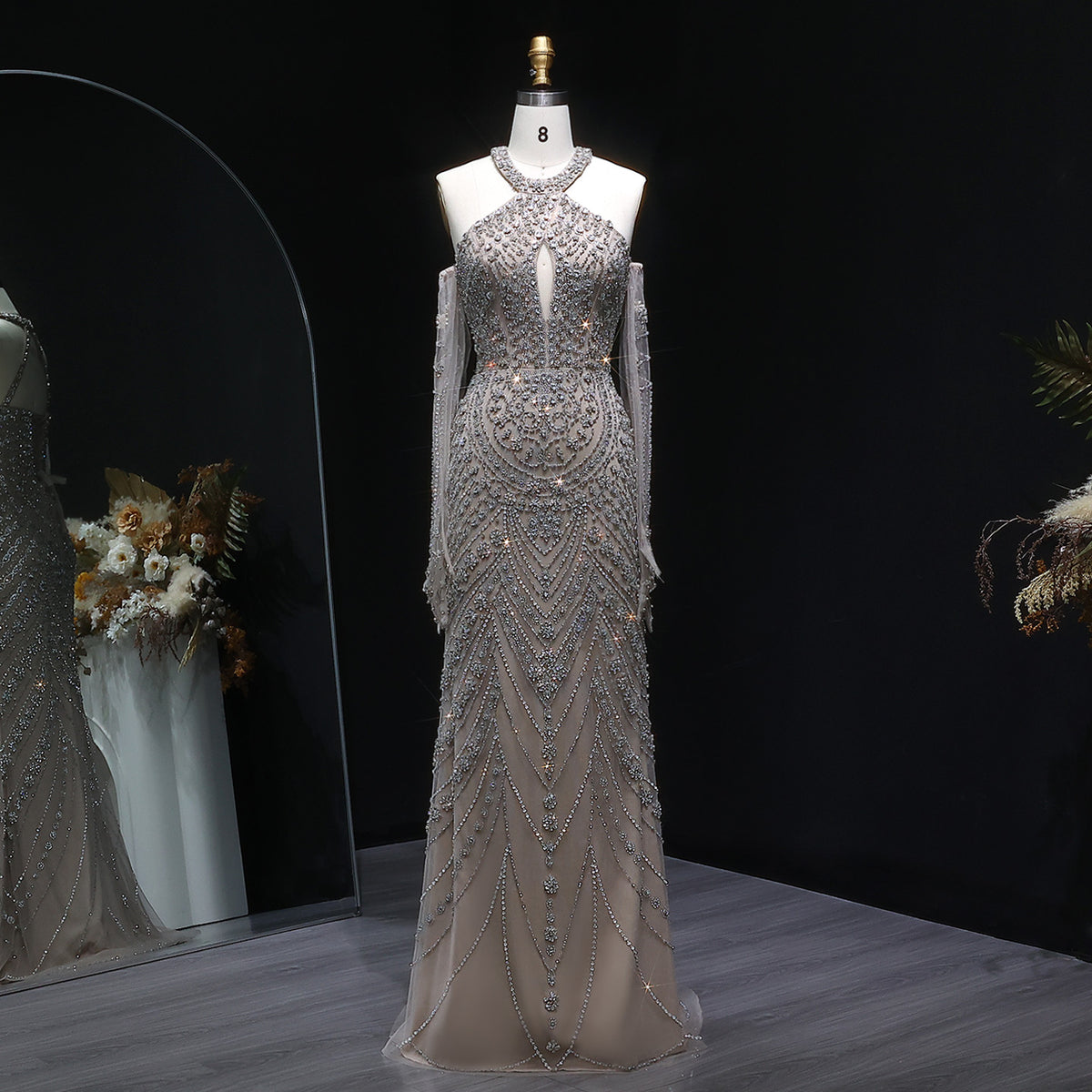 Luxury Beaded Halter Evening Dress with Gloves SS118 