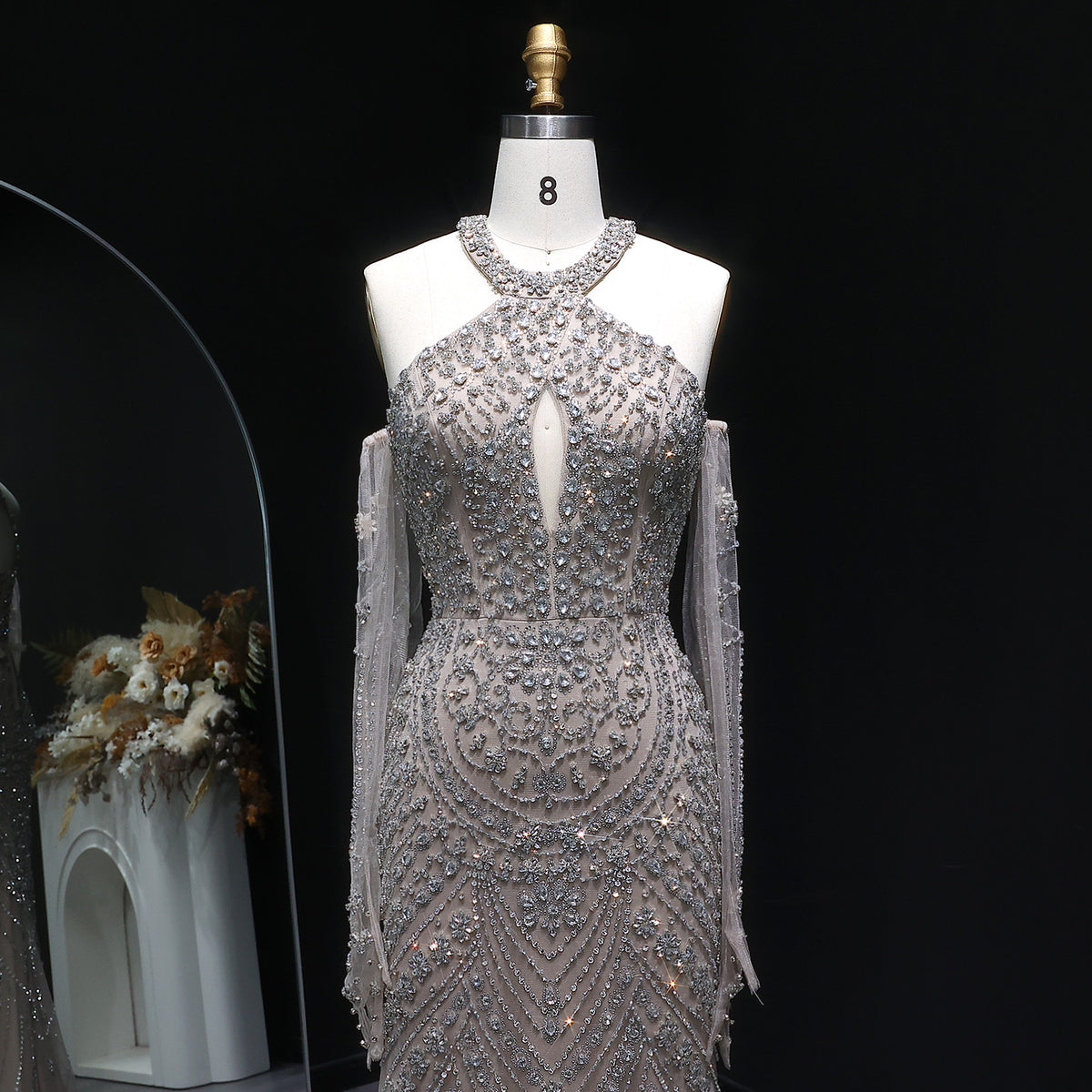 Luxury Beaded Halter Evening Dress with Gloves SS118 