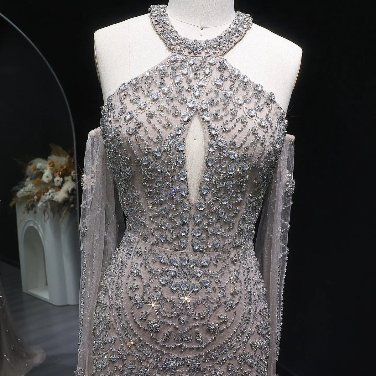 Luxury Beaded Halter Evening Dress with Gloves SS118 - SHARONSAID Luxury Beaded Halter Evening Dress with Gloves SS118 - SHARONSAID