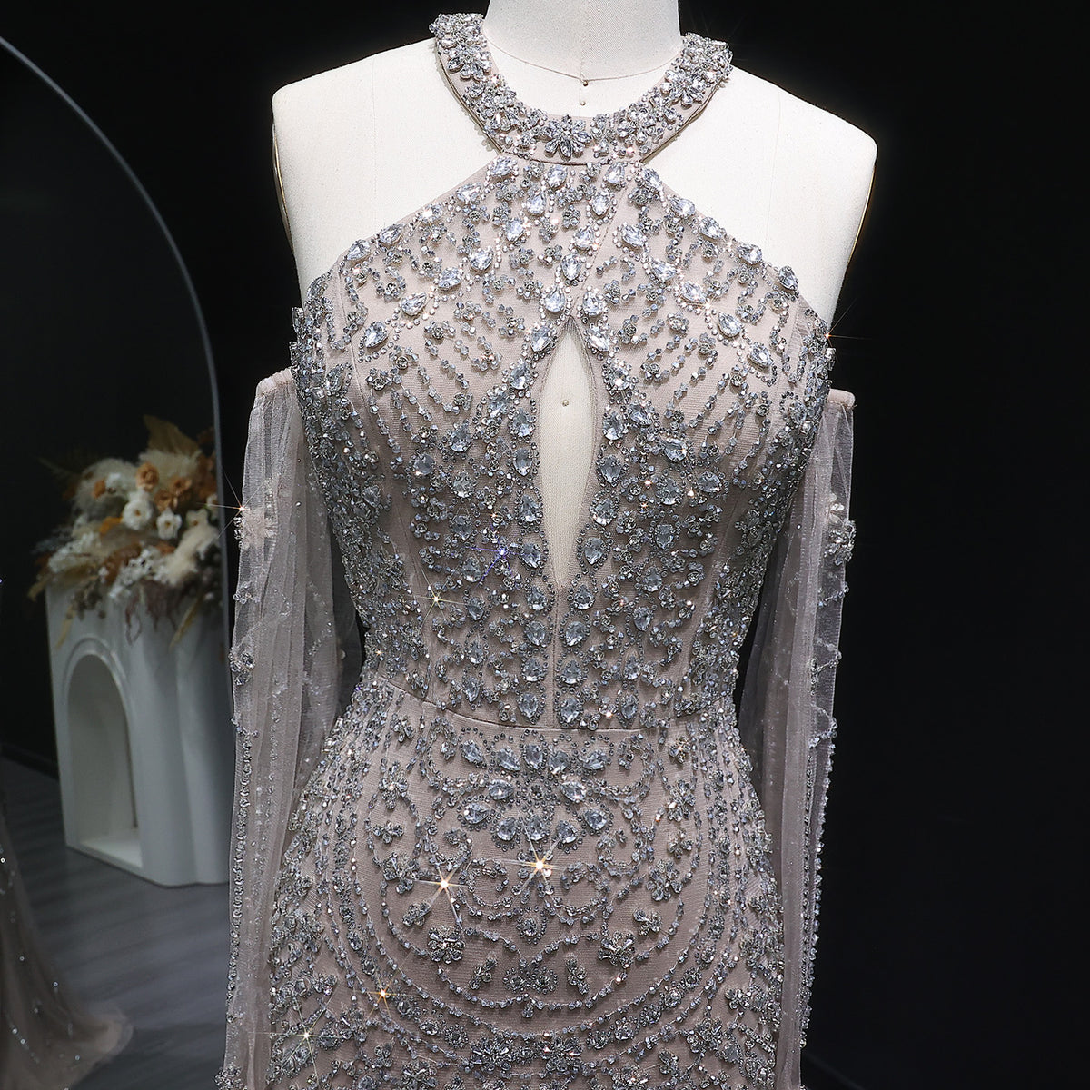 Luxury Beaded Halter Evening Dress with Gloves SS118 