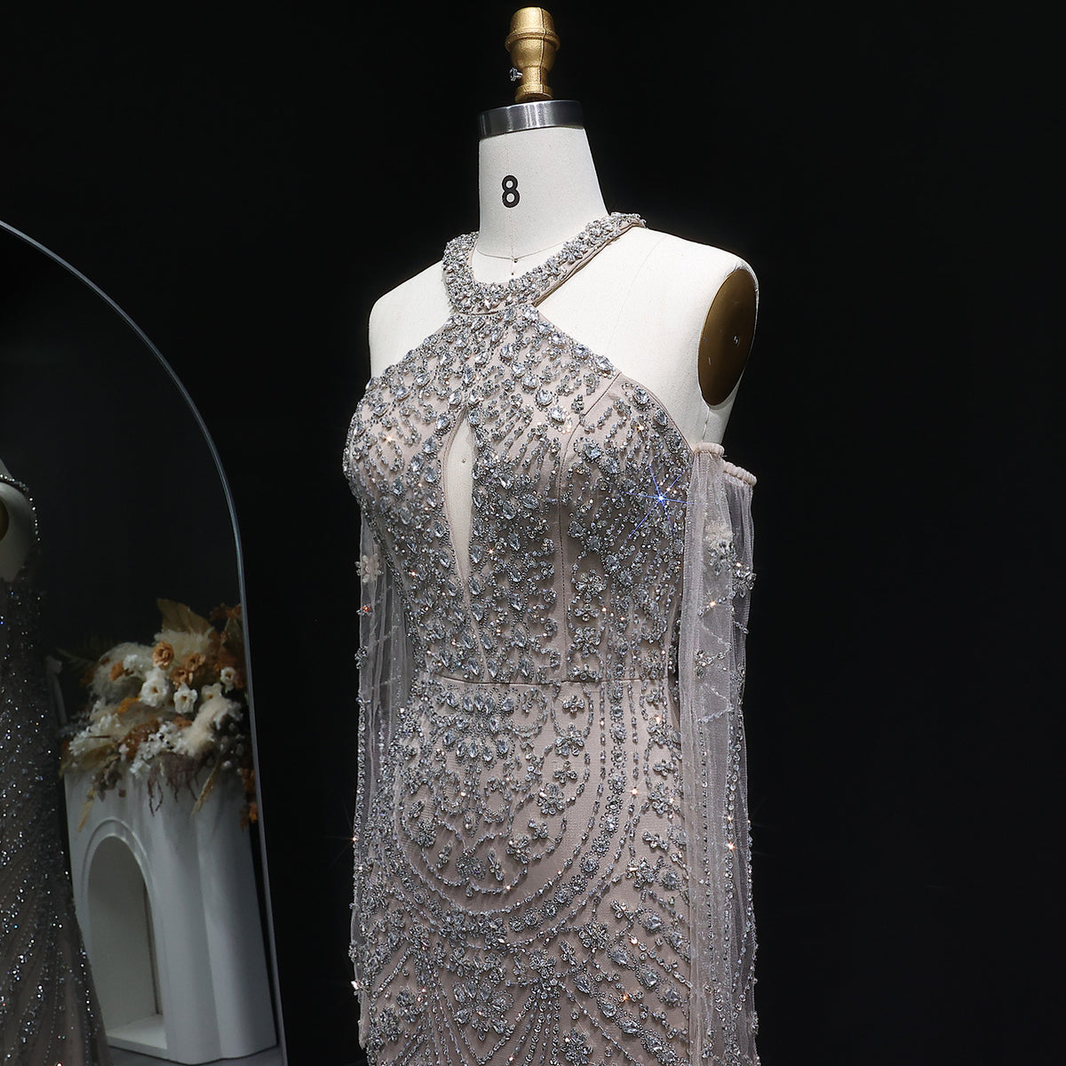 Luxury Beaded Halter Evening Dress with Gloves SS118 