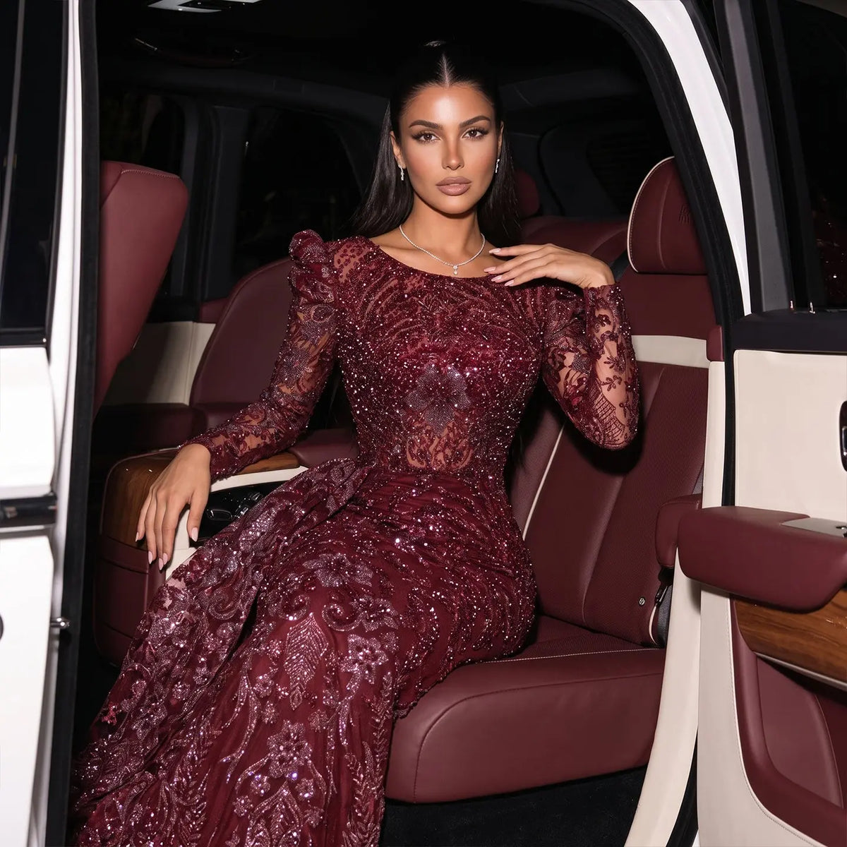 Luxury Burgundy Long Sleeves Evening Dress with Overskirt SS127
