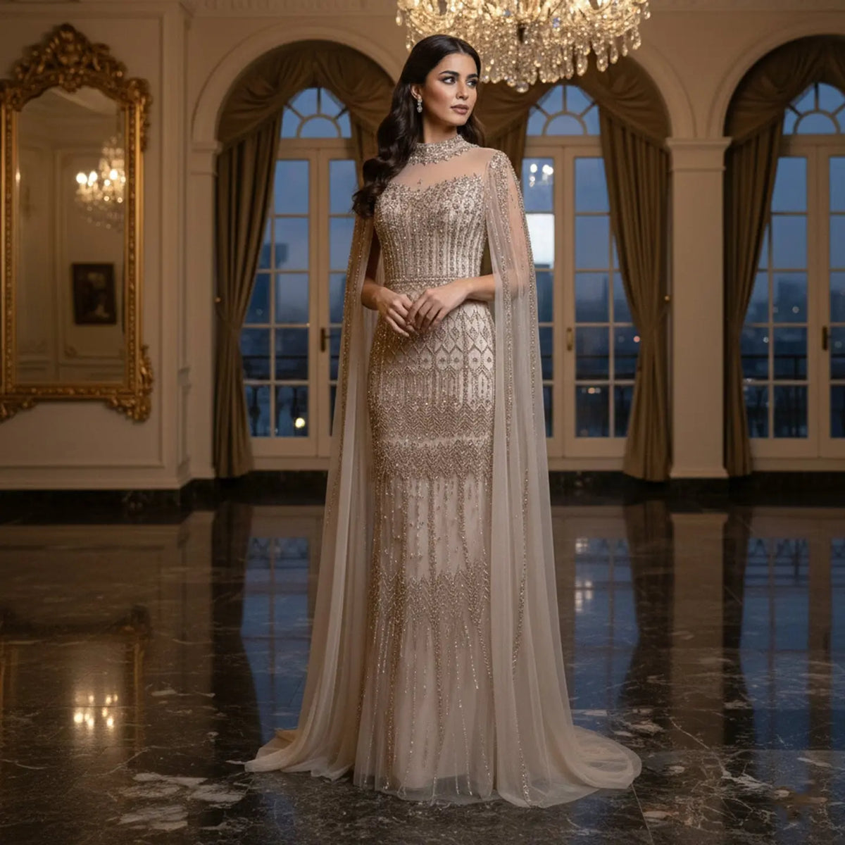 Luxury Green Long Sleeve Sequin Beaded Formal Evening Dress SS150 