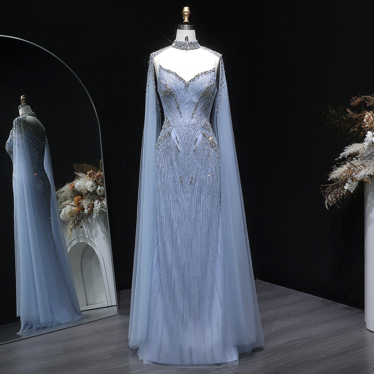 Luxury Blue Beaded Spaghetti Strap Evening Dress with Cape Sleeve SS151 