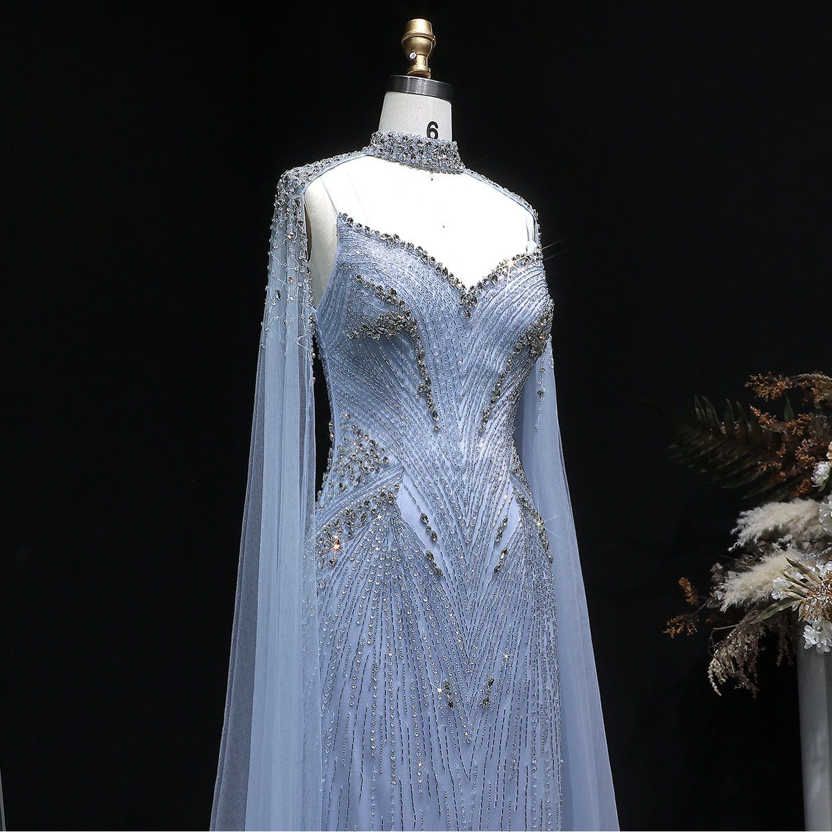 Luxury Blue Beaded Spaghetti Strap Evening Dress with Cape Sleeve SS151 