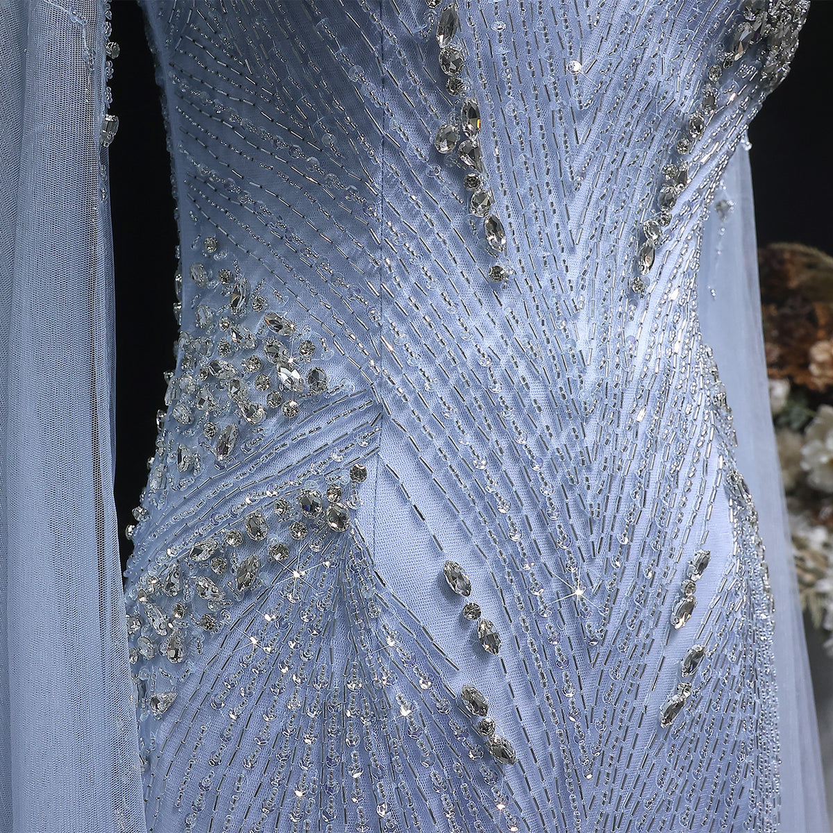 Luxury Blue Beaded Spaghetti Strap Evening Dress with Cape Sleeve SS151 