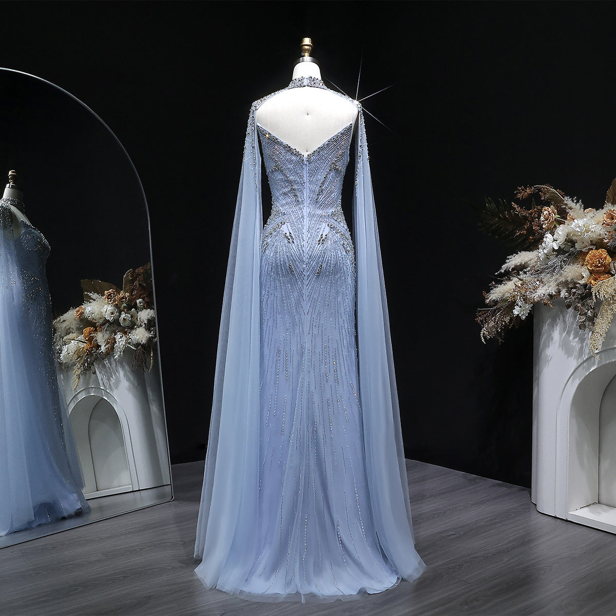 Luxury Blue Beaded Spaghetti Strap Evening Dress with Cape Sleeve SS151 