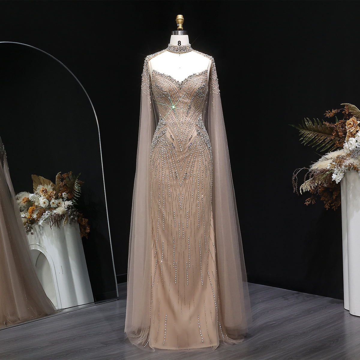 Luxury Blue Beaded Spaghetti Strap Evening Dress with Cape Sleeve SS151 