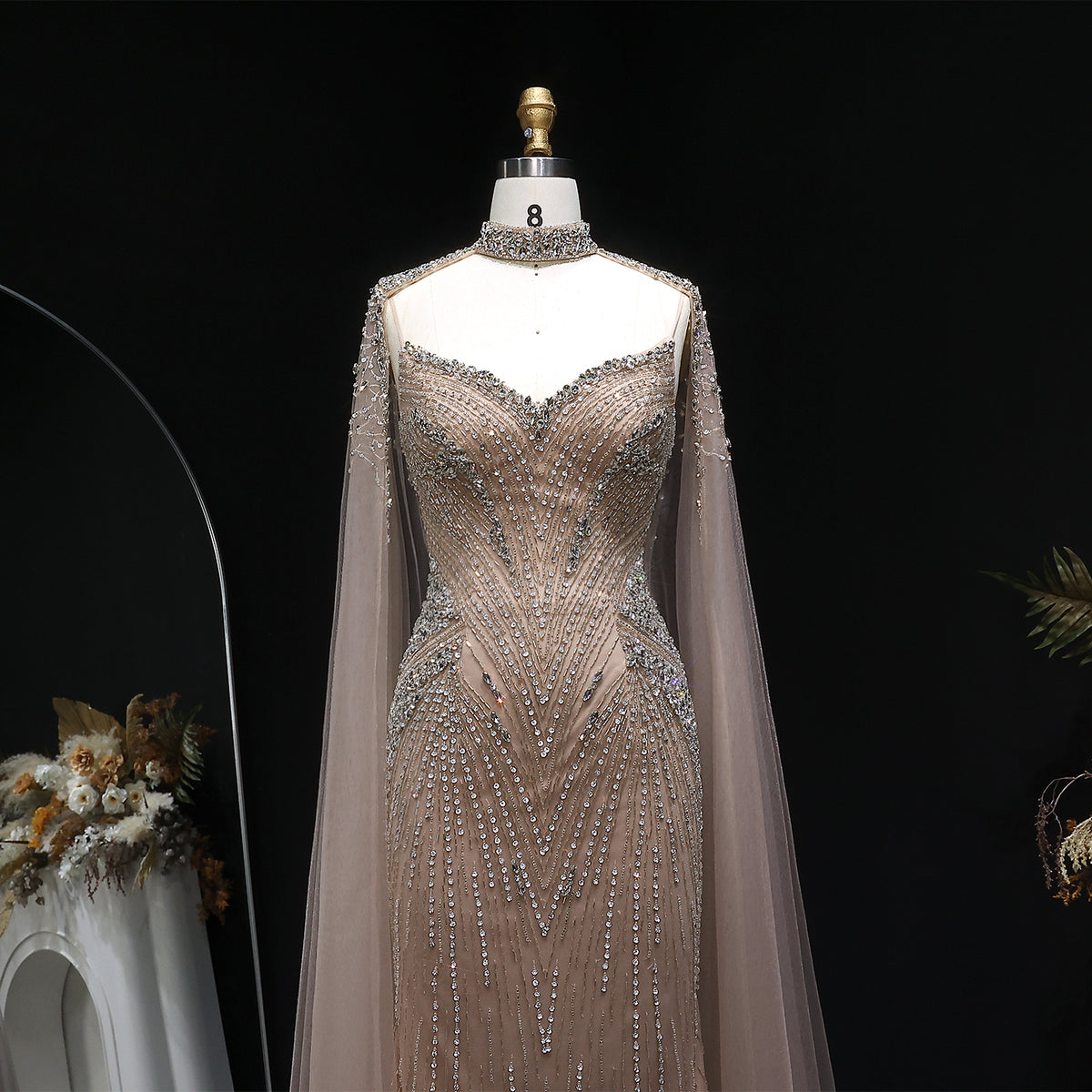 Luxury Blue Beaded Spaghetti Strap Evening Dress with Cape Sleeve SS151 