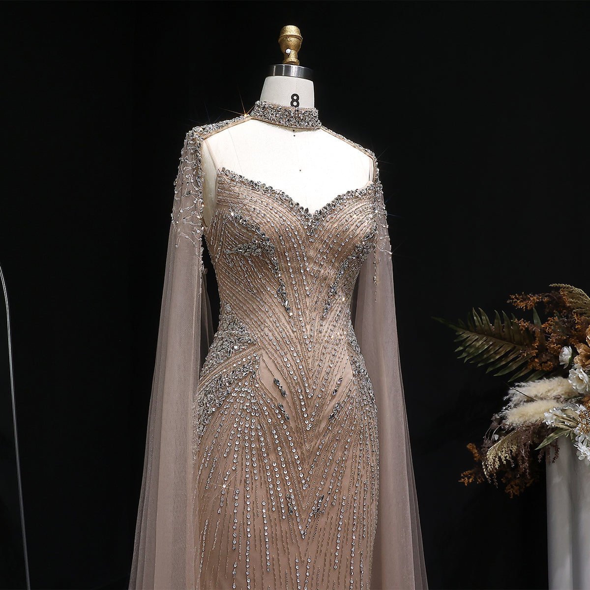 Luxury Blue Beaded Spaghetti Strap Evening Dress with Cape Sleeve SS151 