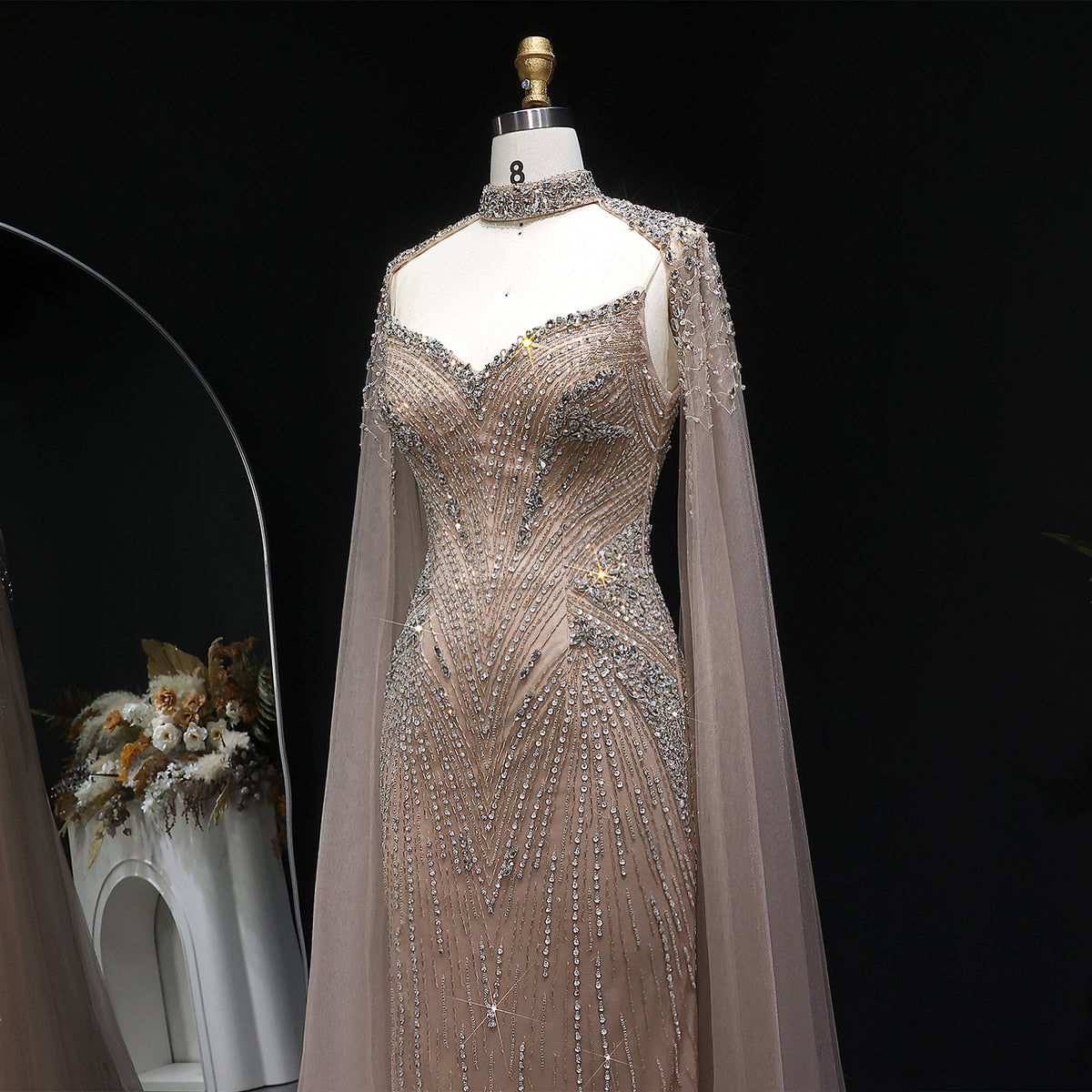 Luxury Blue Beaded Spaghetti Strap Evening Dress with Cape Sleeve SS151 