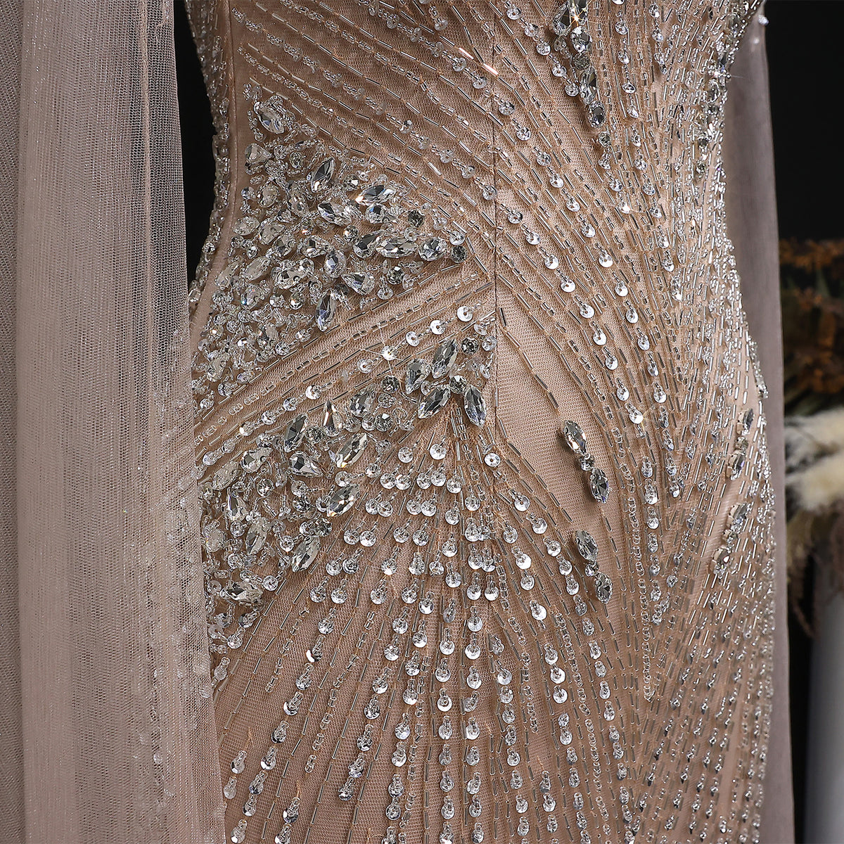 Luxury Blue Beaded Spaghetti Strap Evening Dress with Cape Sleeve SS151 