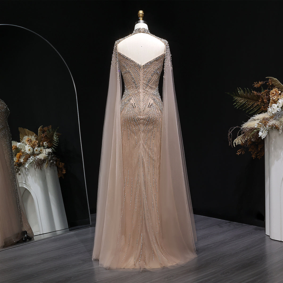 Luxury Blue Beaded Spaghetti Strap Evening Dress with Cape Sleeve SS151 