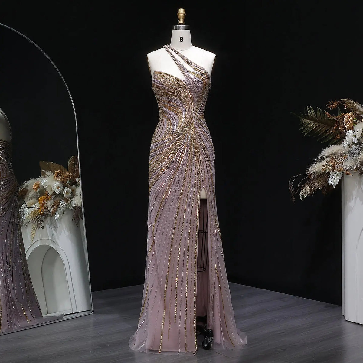 Elegant Gold One-Shoulder Beaded High Slit Mermaid Evening Dress SS153