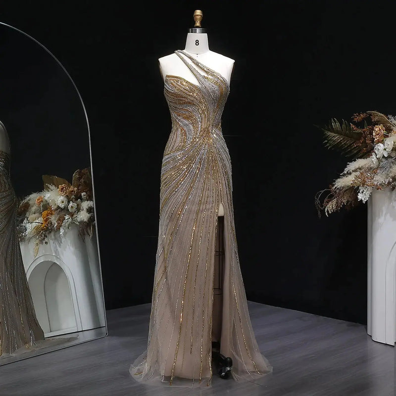 Elegant Gold One-Shoulder Beaded High Slit Mermaid Evening Dress SS153 