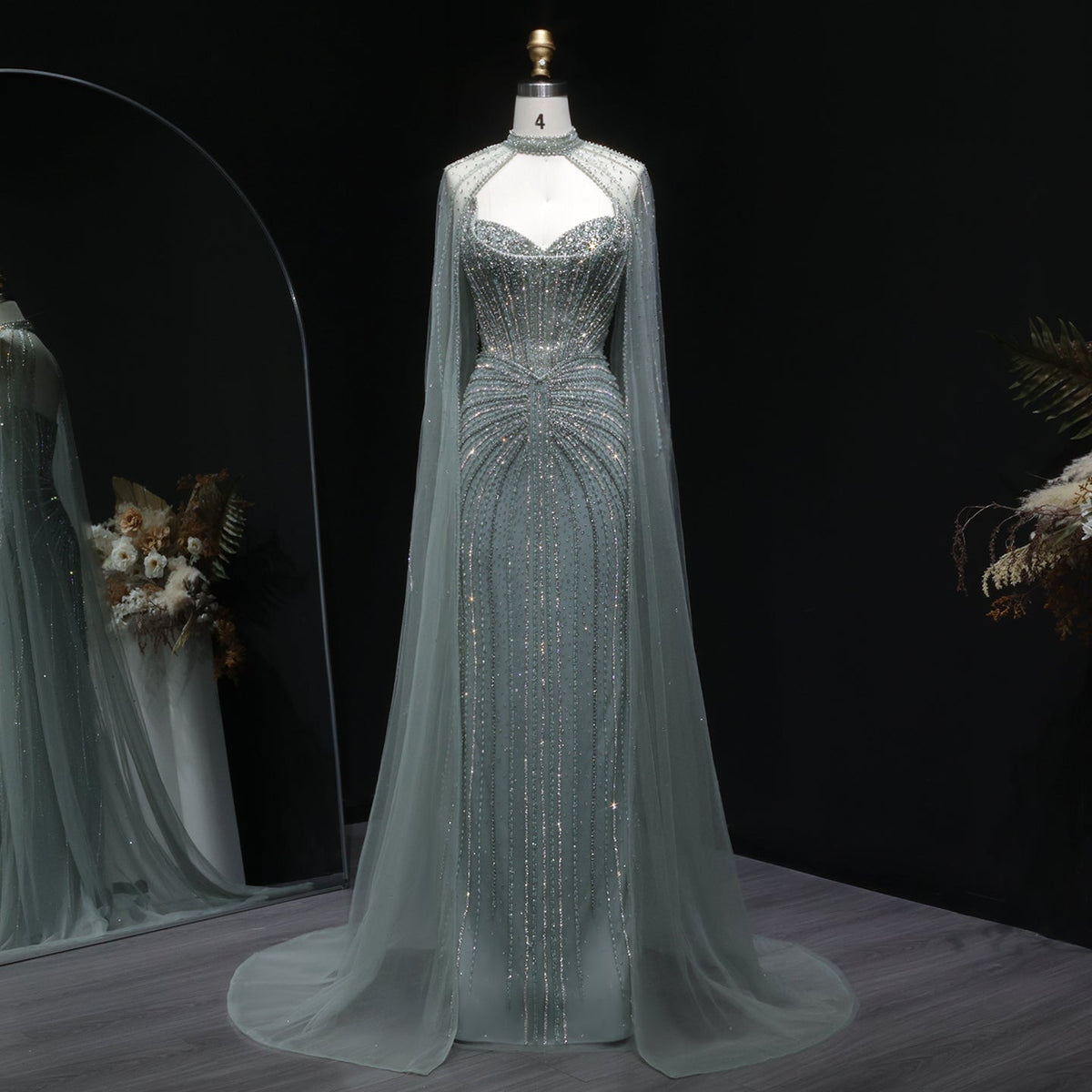 Luxury Mermaid Beaded Evening Dress with Cape SS156  Green / US 16