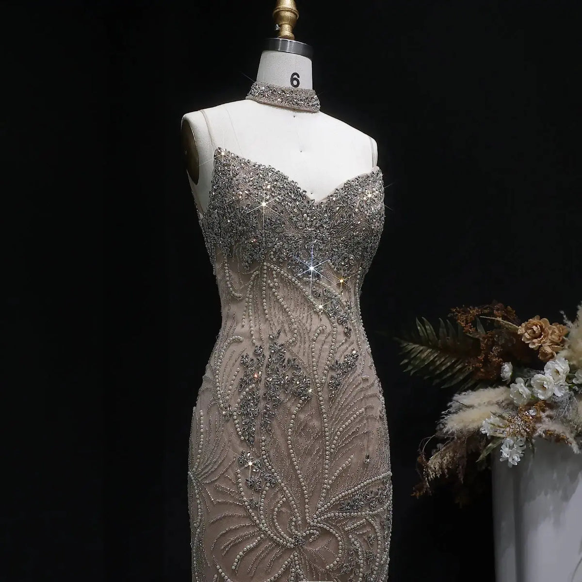 Elegant Champagne Beaded Mermaid Evening Dress with Choker SS164 SHARONSAID Elegant Champagne Beaded Mermaid Evening Dress with Choker SS164 SHARONSAID