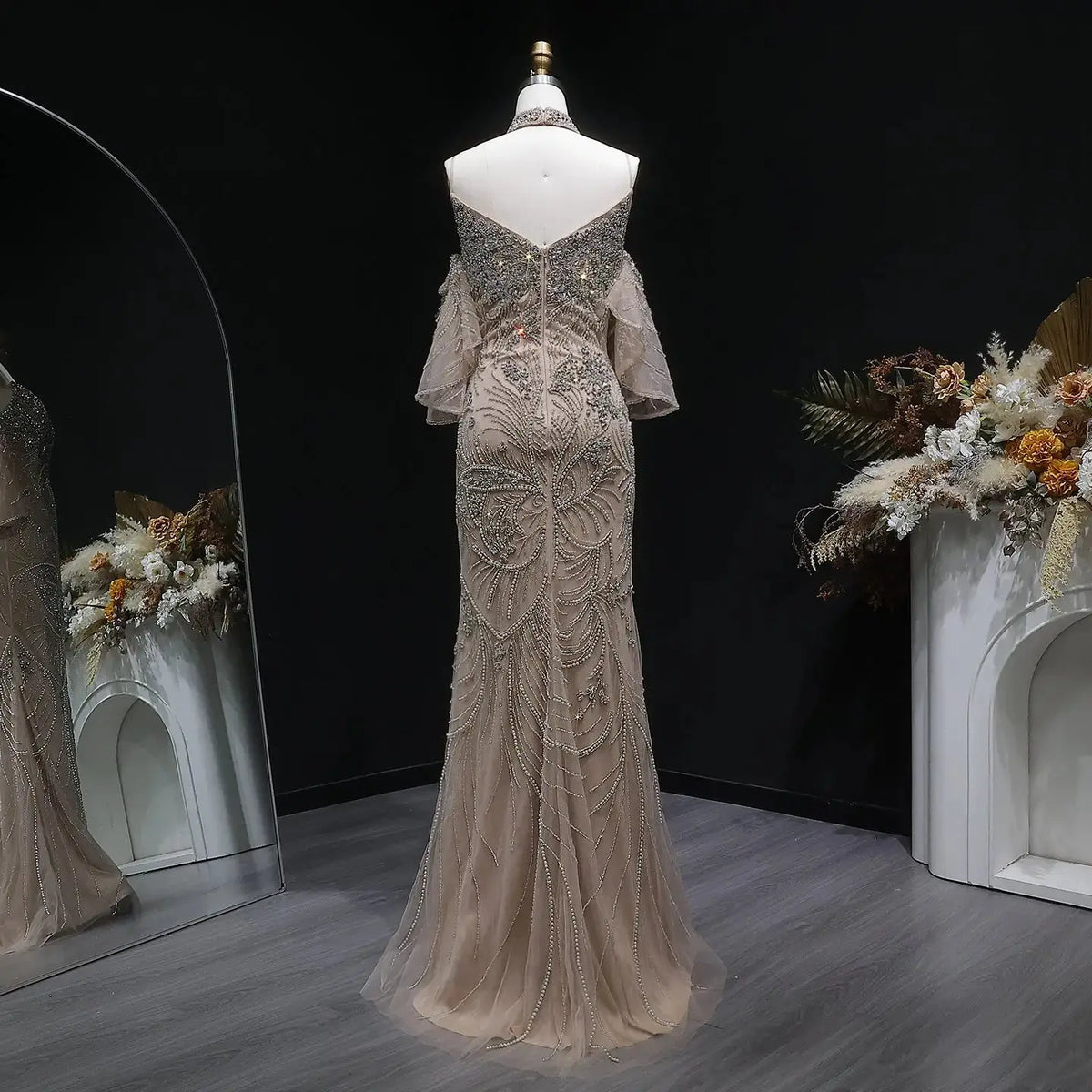 Elegant Champagne Beaded Mermaid Evening Dress with Choker SS164 –  SHARONSAID