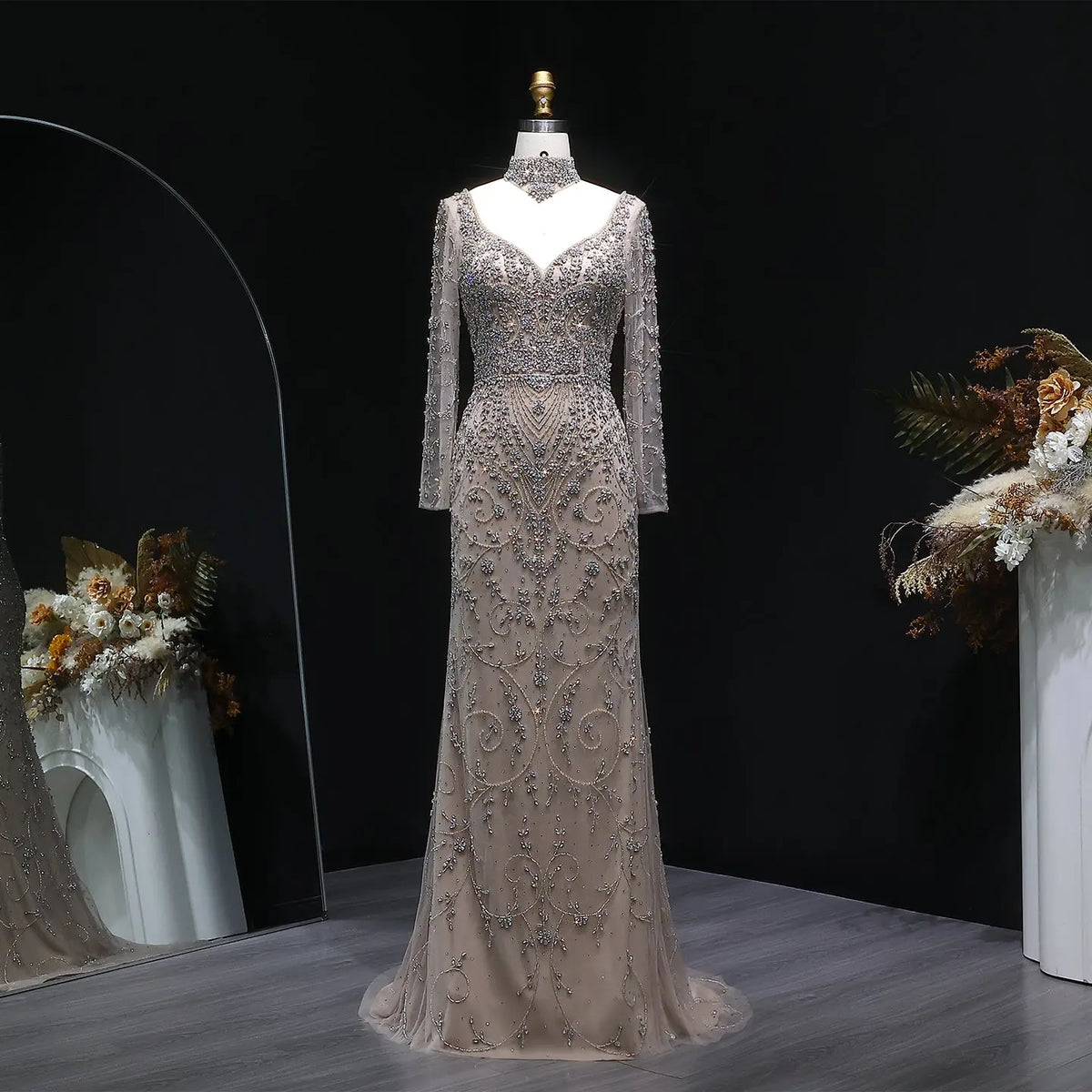 Elegant Pink Beaded Long Sleeve Evening Dress with Neck Ring SS181 Elegant Pink Beaded Long Sleeve Evening Dress with Neck Ring SS181