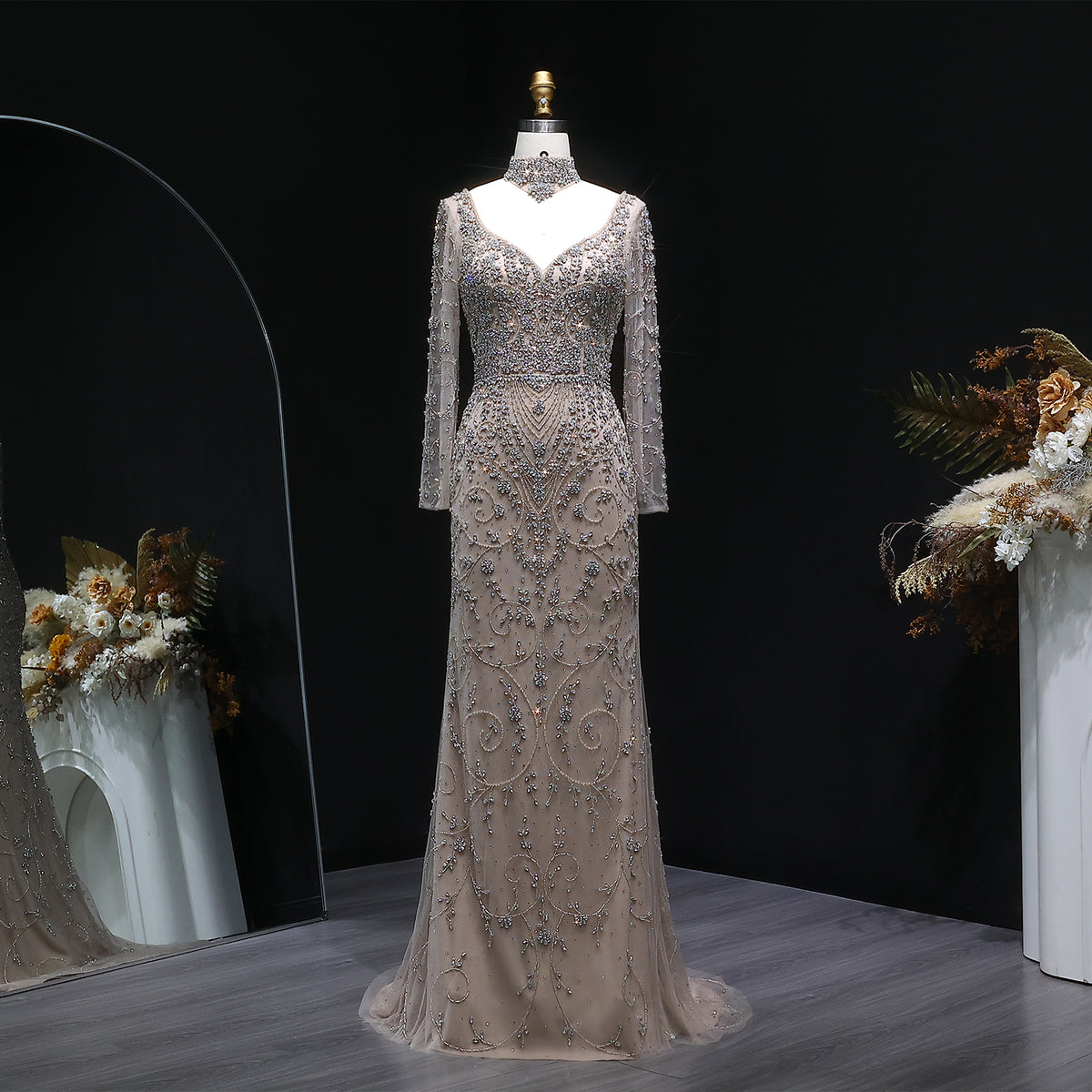 Elegant Pink Beaded Long Sleeve Evening Dress with Neck Ring SS181 