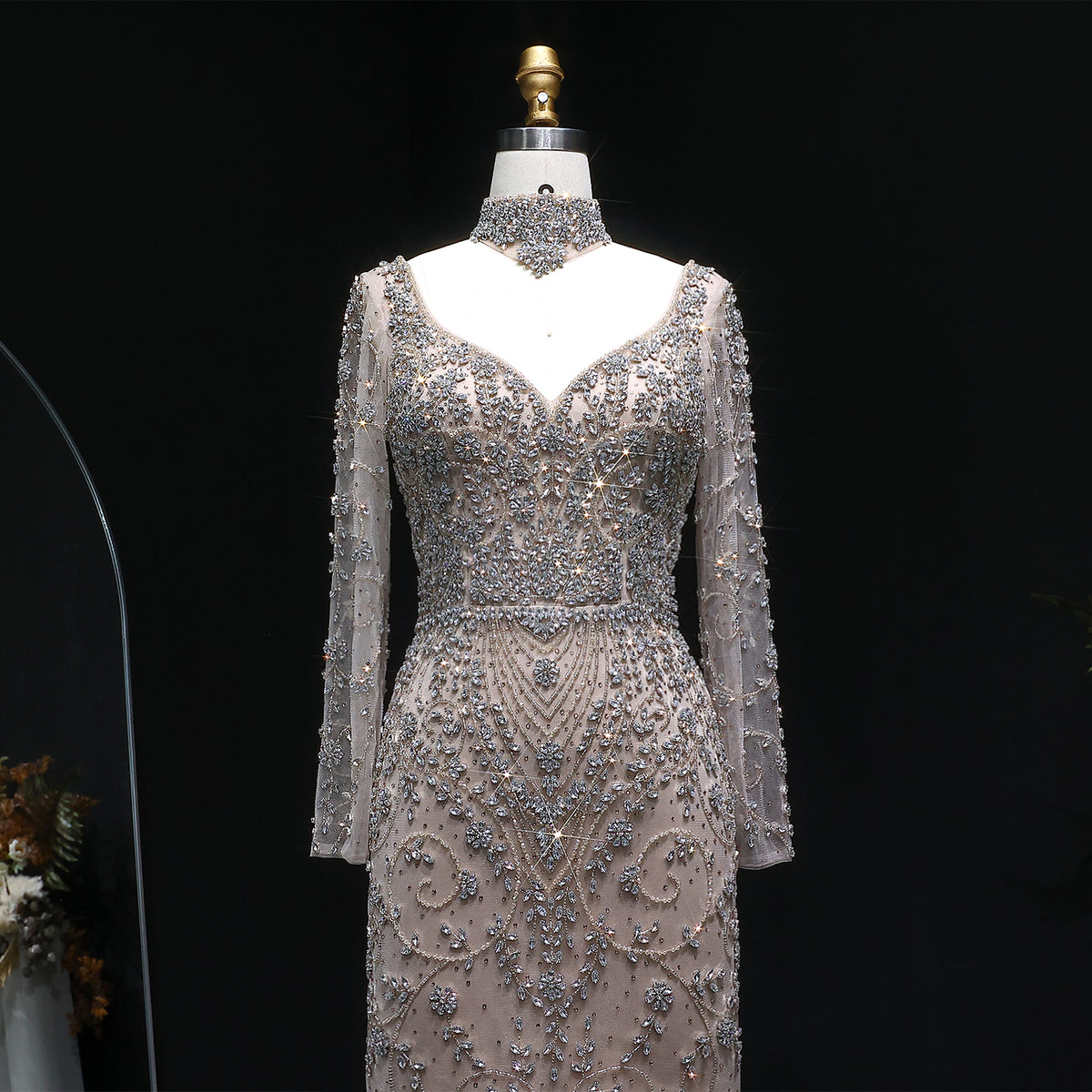 Elegant Pink Beaded Long Sleeve Evening Dress with Neck Ring SS181 