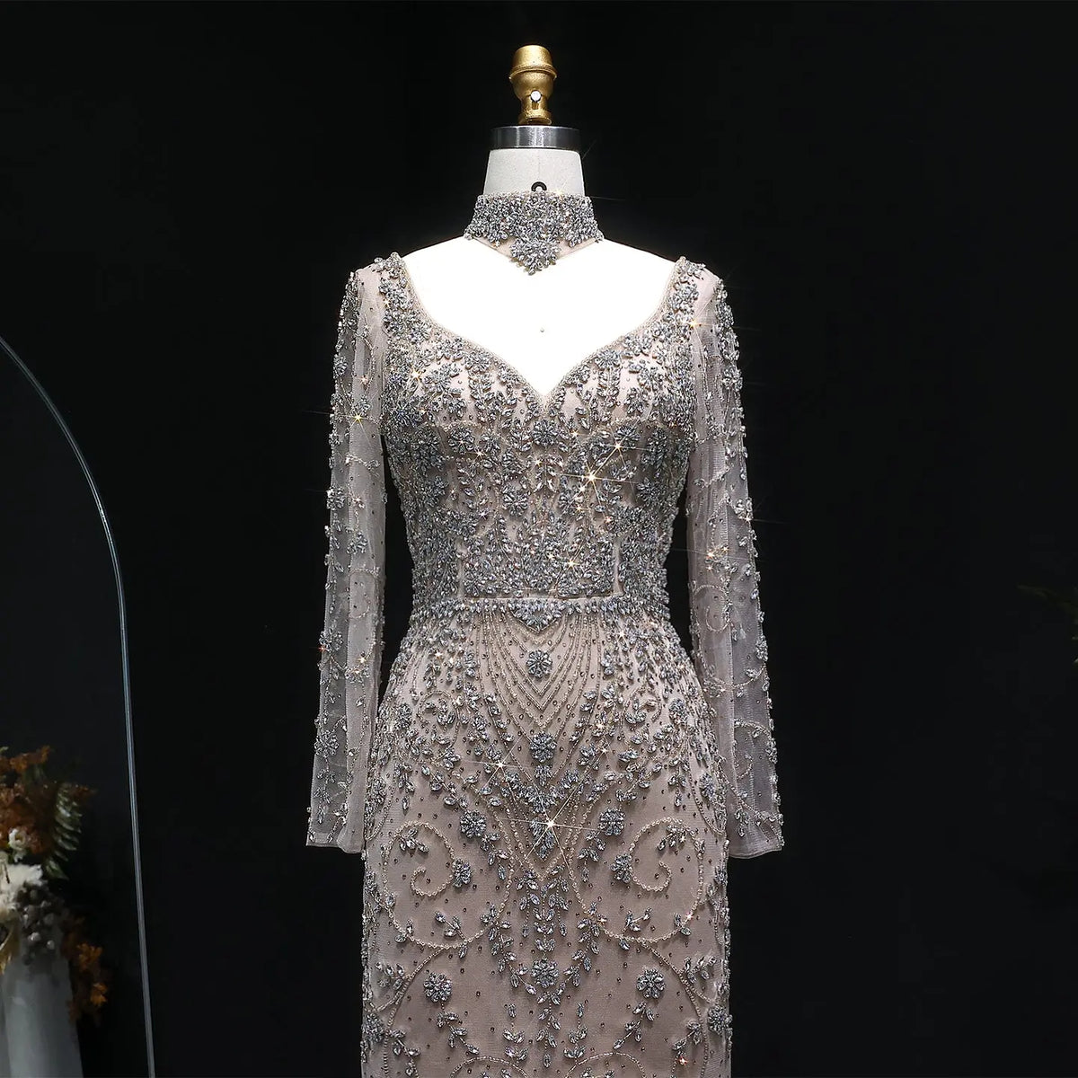 Elegant Pink Beaded Long Sleeve Evening Dress with Neck Ring SS181 