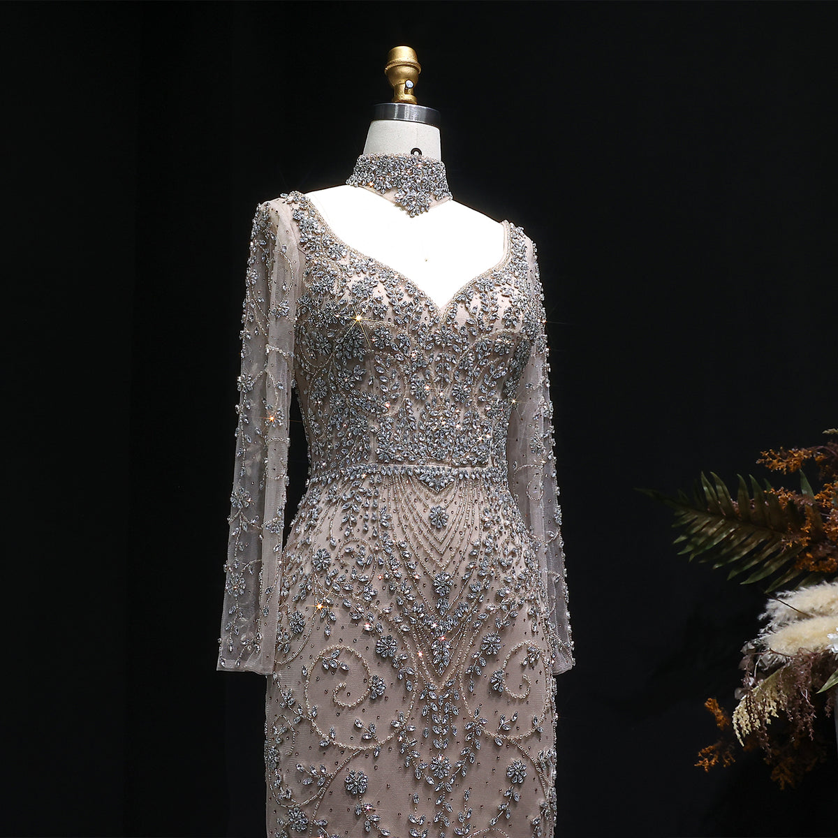 Elegant Pink Beaded Long Sleeve Evening Dress with Neck Ring SS181 