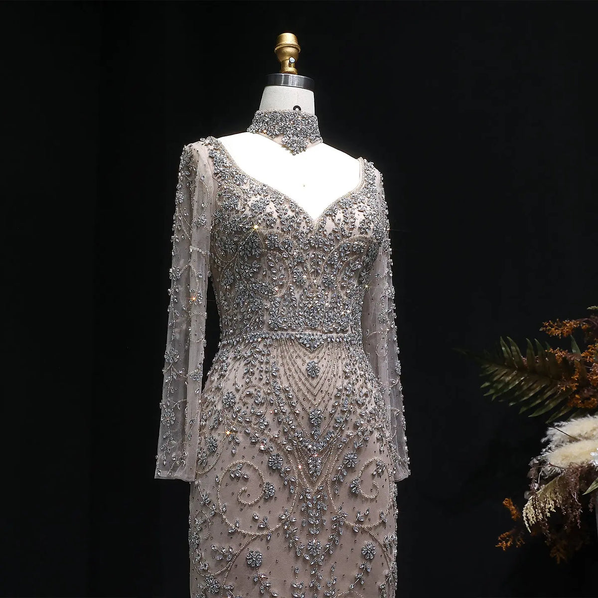 Elegant Pink Beaded Long Sleeve Evening Dress with Neck Ring SS181 