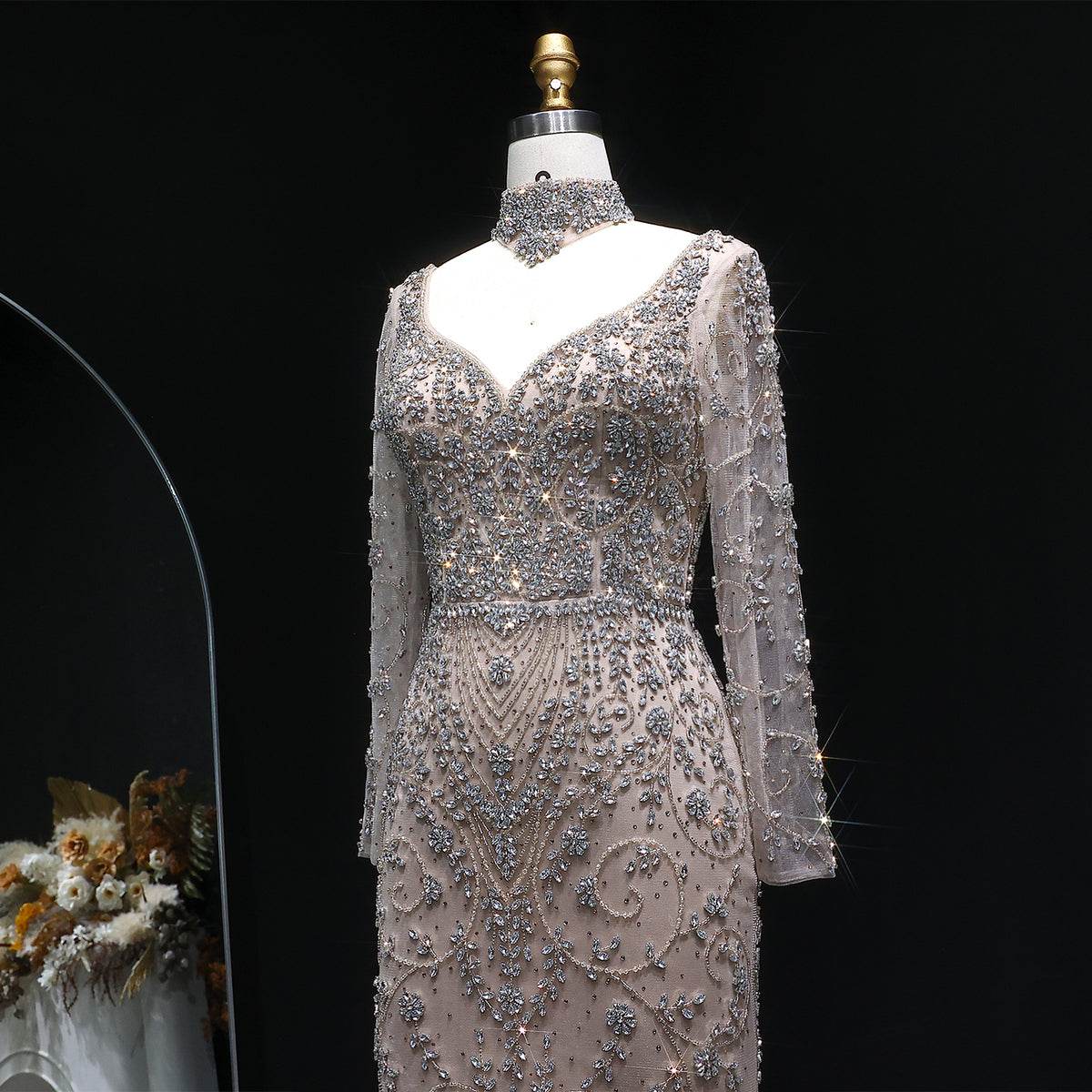 Elegant Pink Beaded Long Sleeve Evening Dress with Neck Ring SS181 