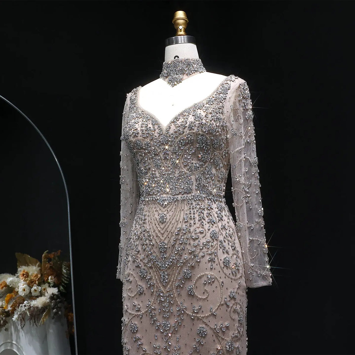 Elegant Pink Beaded Long Sleeve Evening Dress with Neck Ring SS181 