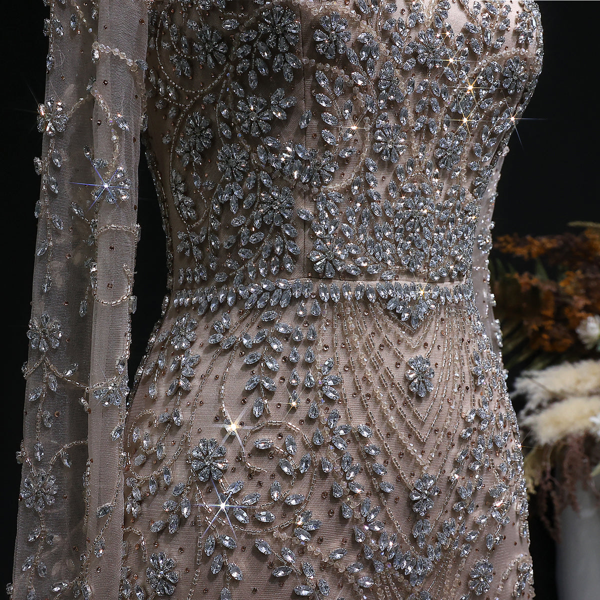 Elegant Pink Beaded Long Sleeve Evening Dress with Neck Ring SS181 