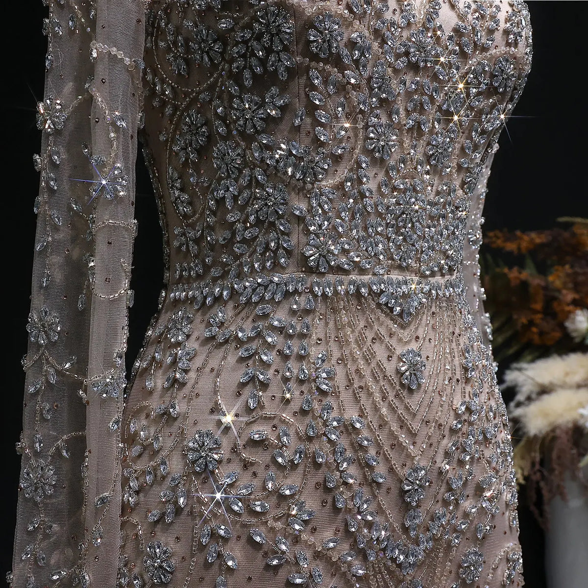 Elegant Pink Beaded Long Sleeve Evening Dress with Neck Ring SS181 