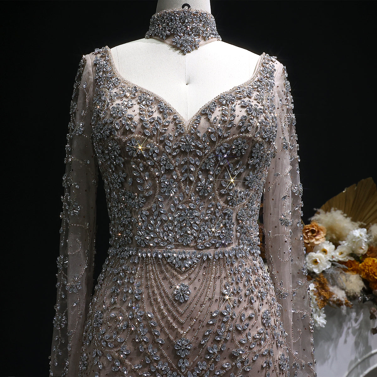 Elegant Pink Beaded Long Sleeve Evening Dress with Neck Ring SS181 