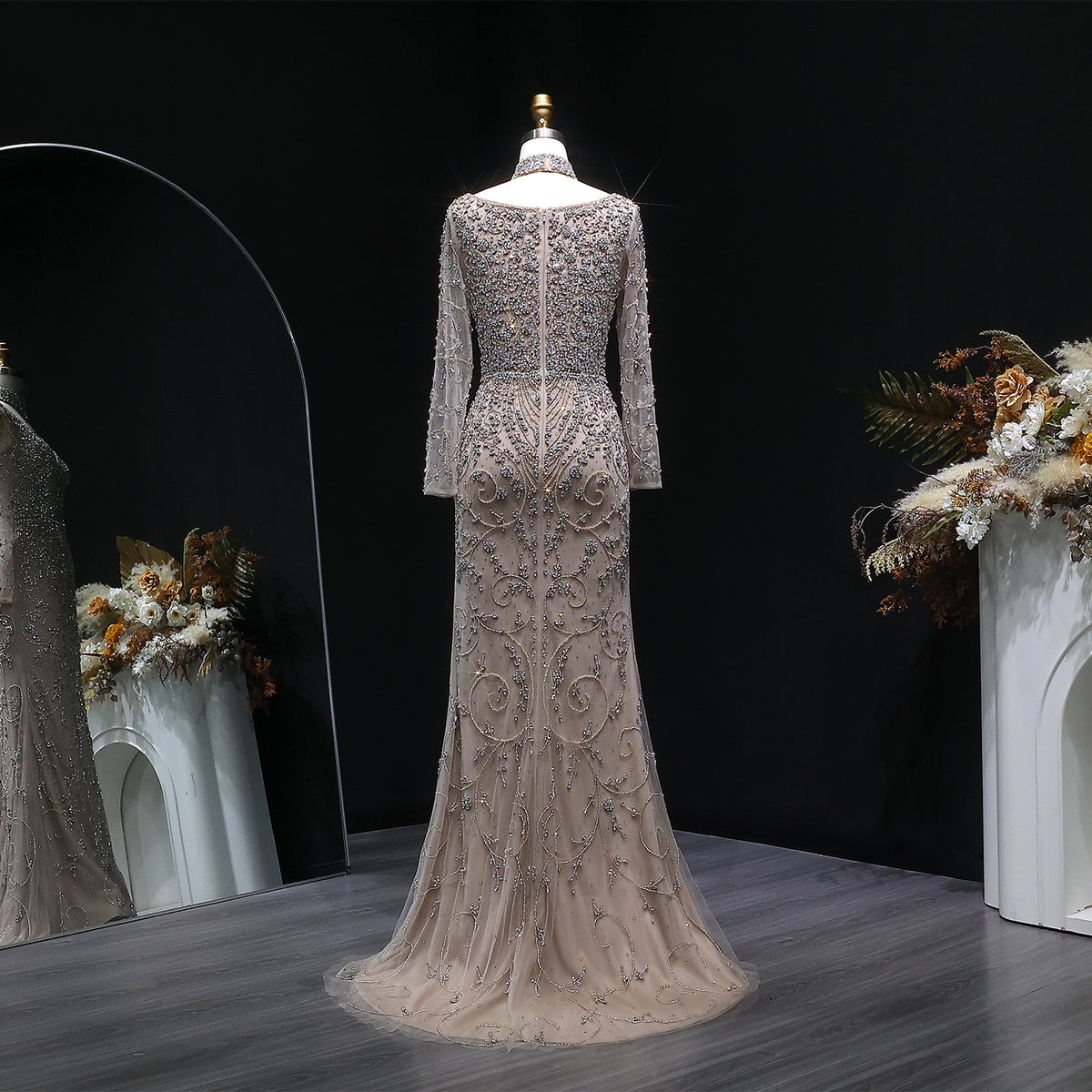 Elegant Pink Beaded Long Sleeve Evening Dress with Neck Ring SS181 