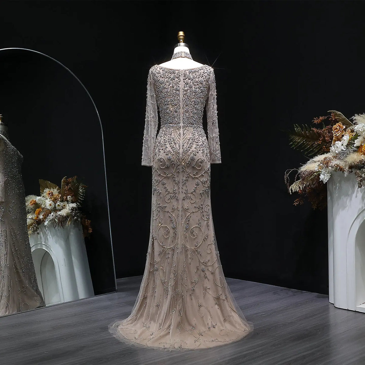 Elegant Pink Beaded Long Sleeve Evening Dress with Neck Ring SS181 