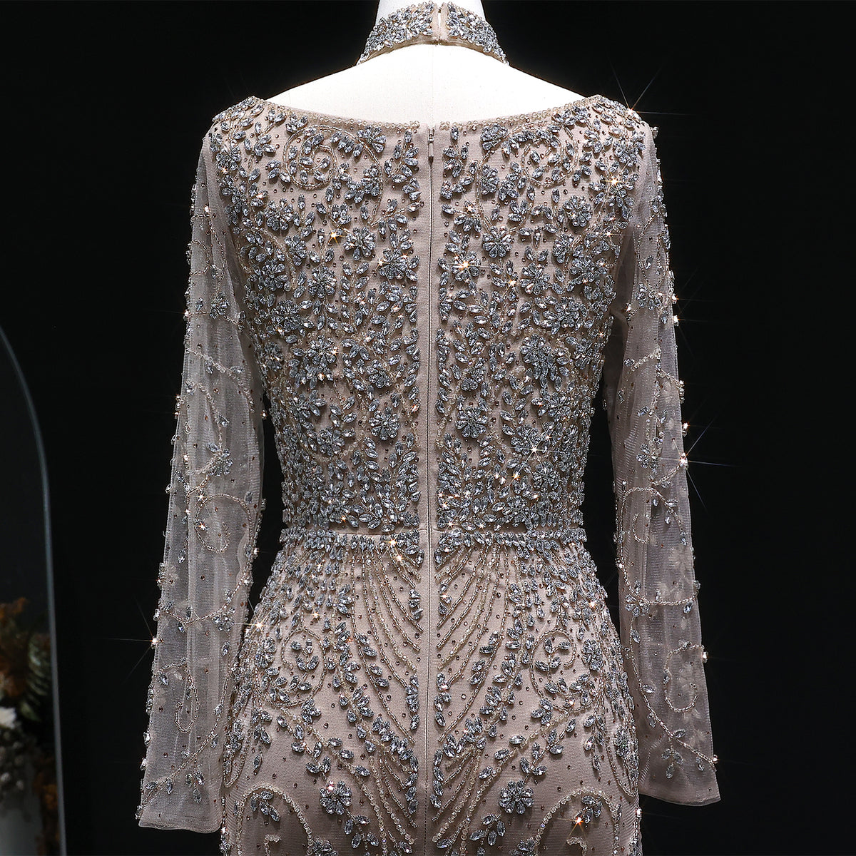 Elegant Pink Beaded Long Sleeve Evening Dress with Neck Ring SS181 