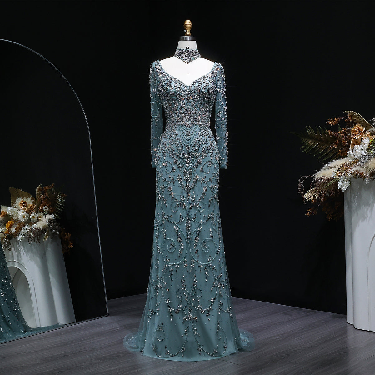 Elegant Pink Beaded Long Sleeve Evening Dress with Neck Ring SS181 