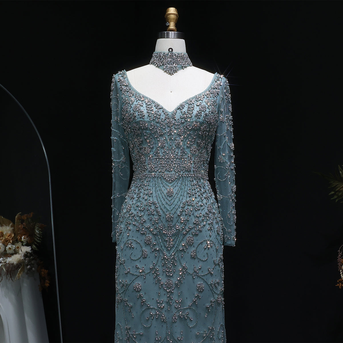 Elegant Pink Beaded Long Sleeve Evening Dress with Neck Ring SS181 