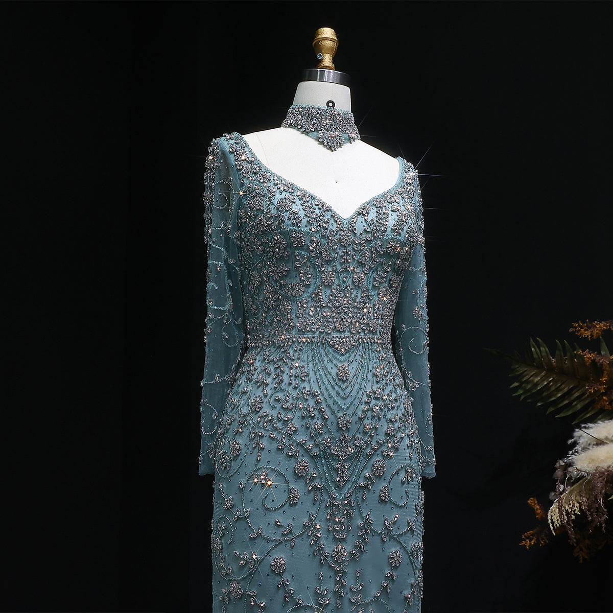 Elegant Pink Beaded Long Sleeve Evening Dress with Neck Ring SS181 