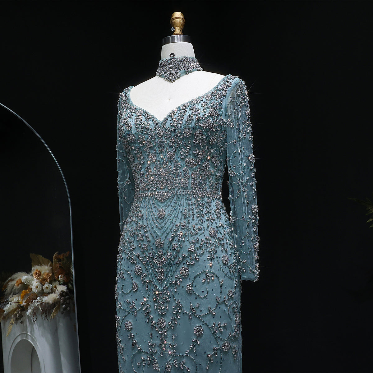 Elegant Pink Beaded Long Sleeve Evening Dress with Neck Ring SS181 