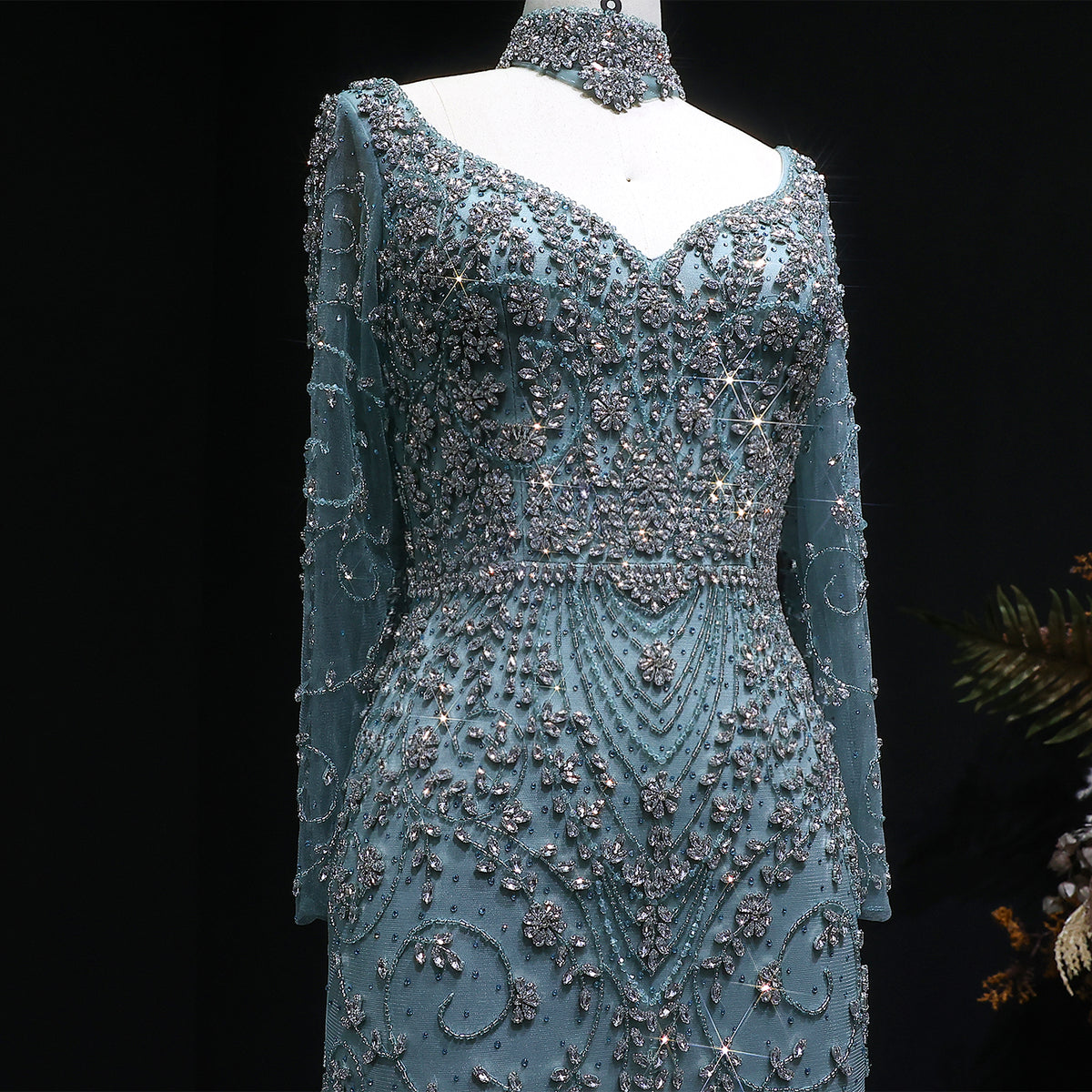 Elegant Pink Beaded Long Sleeve Evening Dress with Neck Ring SS181 