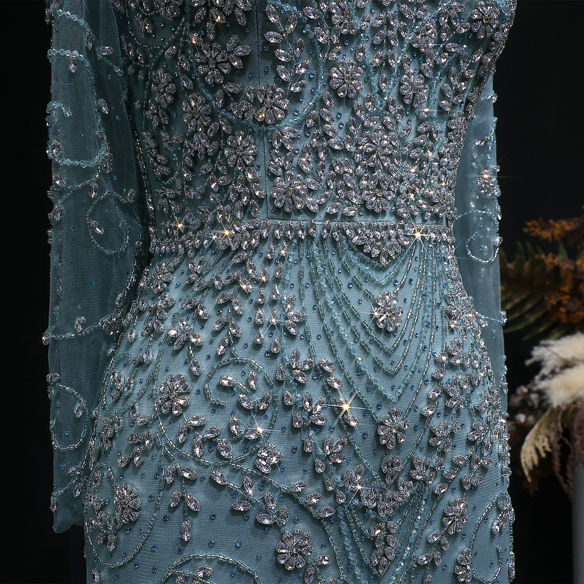 Elegant Pink Beaded Long Sleeve Evening Dress with Neck Ring SS181 