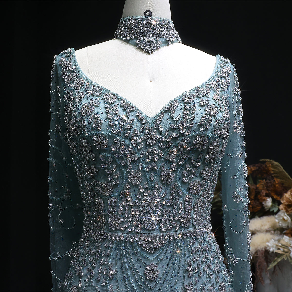 Elegant Pink Beaded Long Sleeve Evening Dress with Neck Ring SS181 