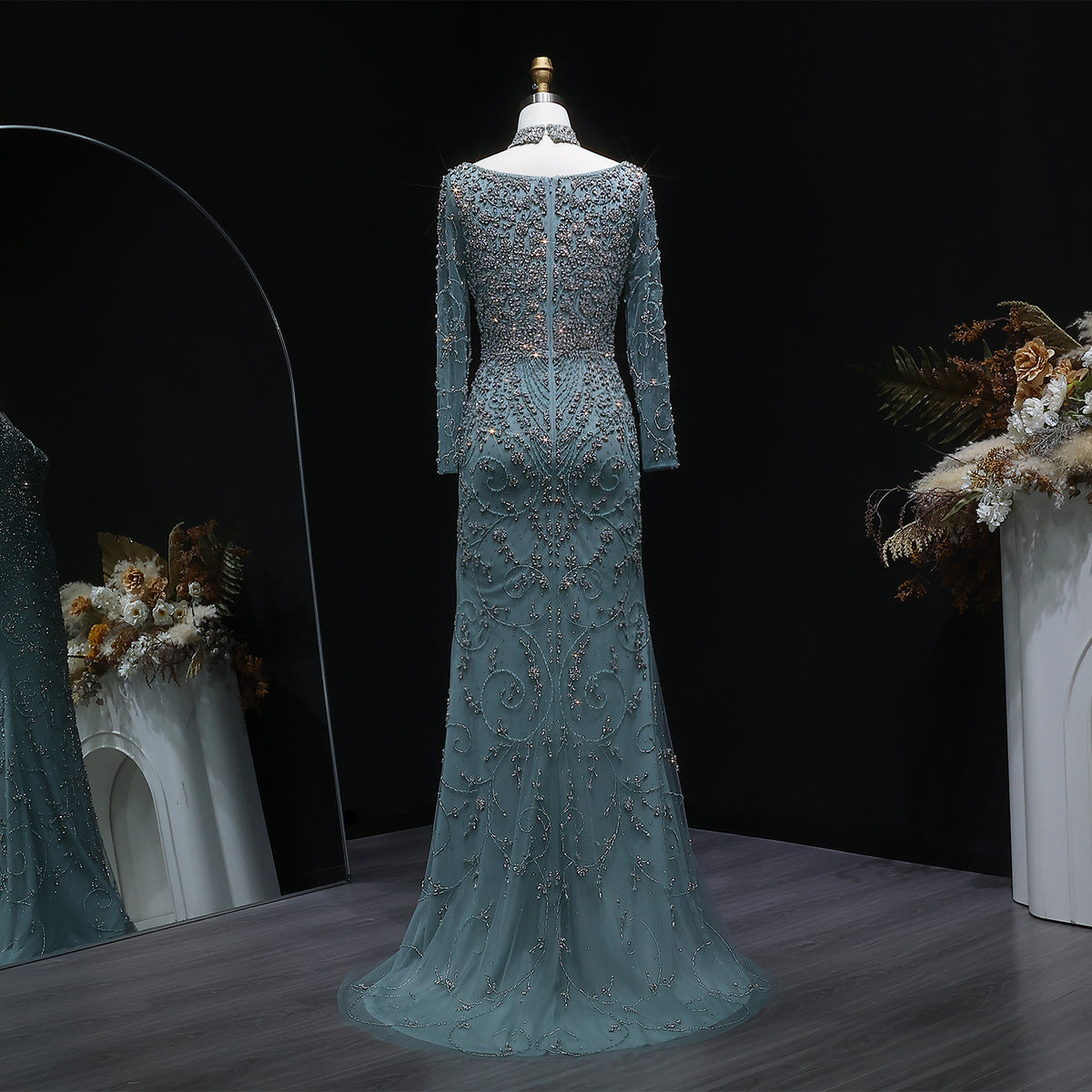 Elegant Pink Beaded Long Sleeve Evening Dress with Neck Ring SS181 