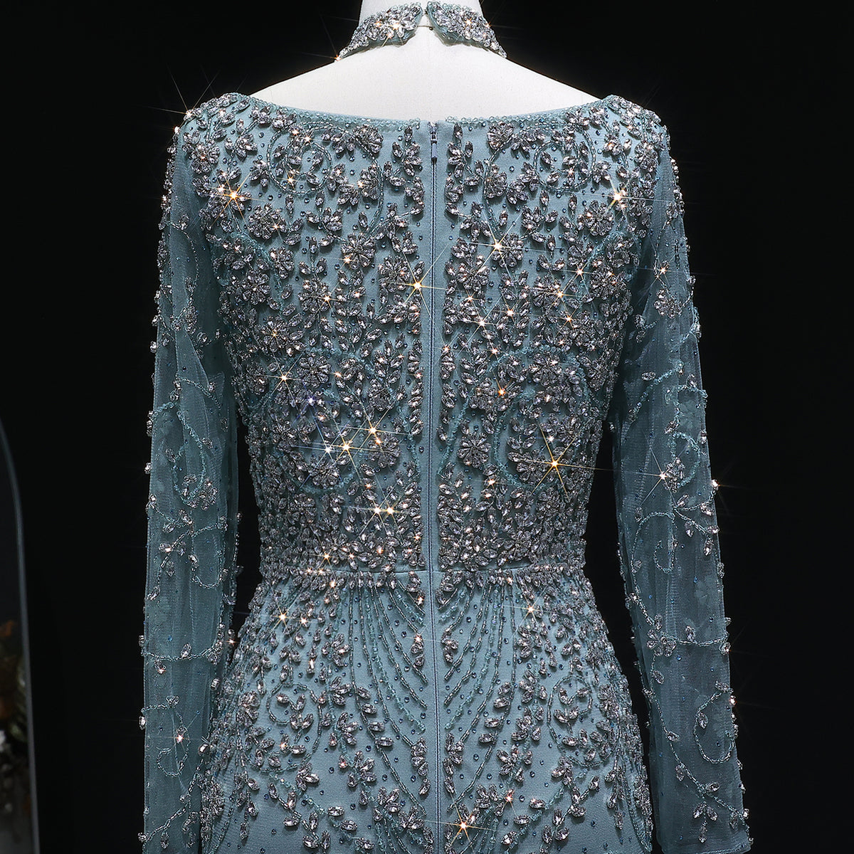 Elegant Pink Beaded Long Sleeve Evening Dress with Neck Ring SS181 