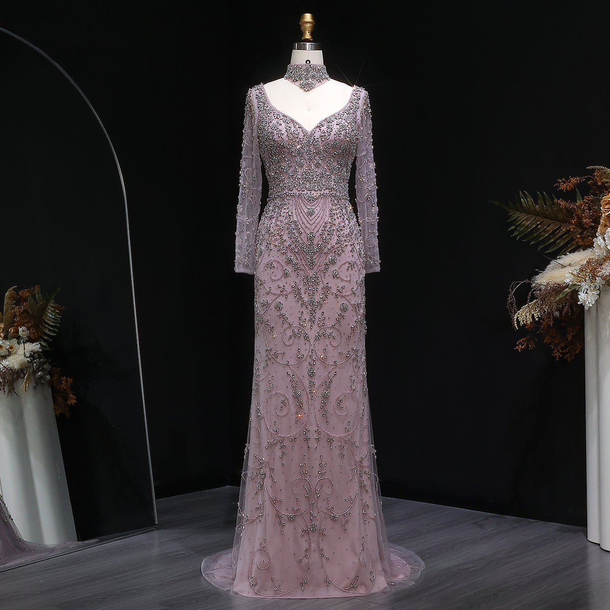 Elegant Pink Beaded Long Sleeve Evening Dress with Neck Ring SS181 