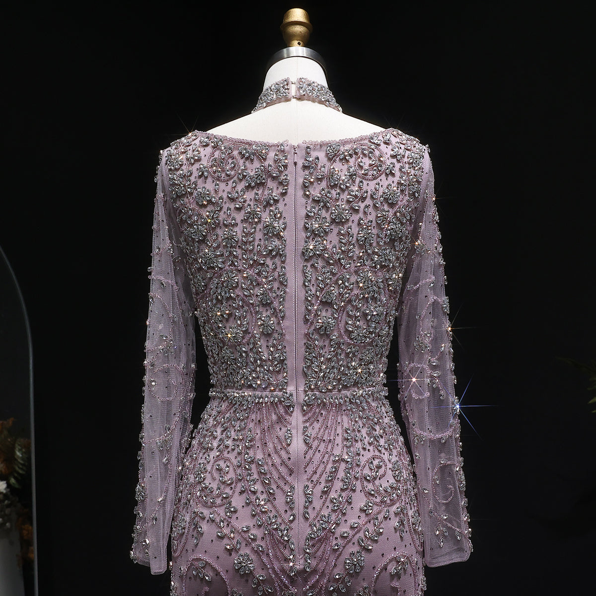 Elegant Pink Beaded Long Sleeve Evening Dress with Neck Ring SS181 